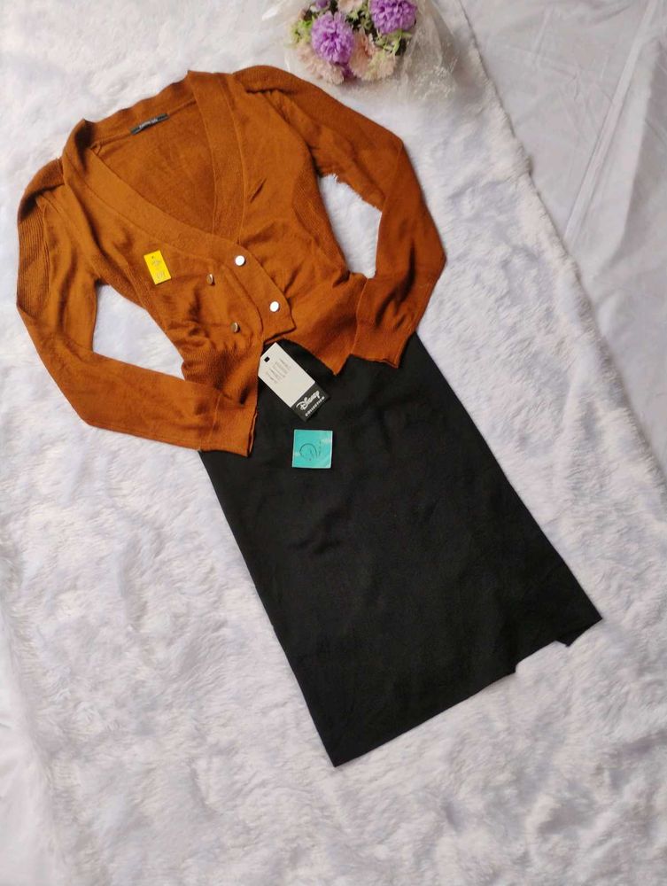 💕Brown Cardigan &amp; Black Skirt Set💕