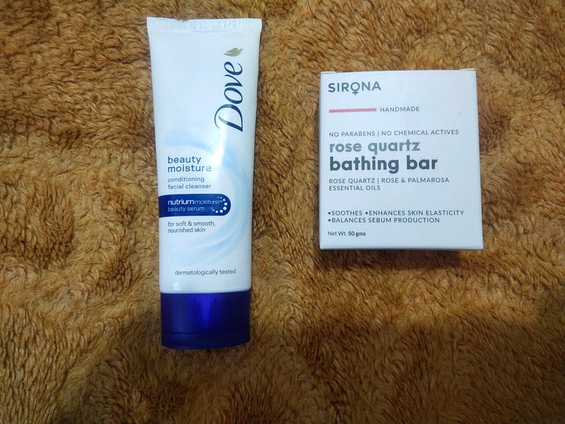 Sirona Rose Quartz Bathing Bar And Dove Beauty Moisture Conditioning Facial Cleanser.