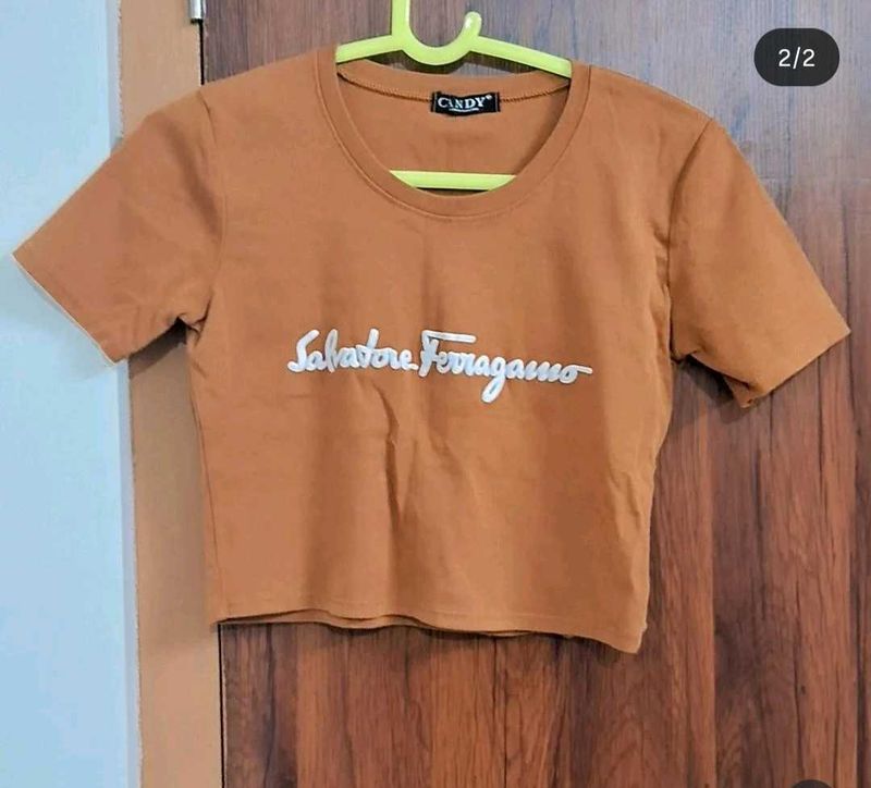 Brown Salvatore Ferragamo Crop Top Tee