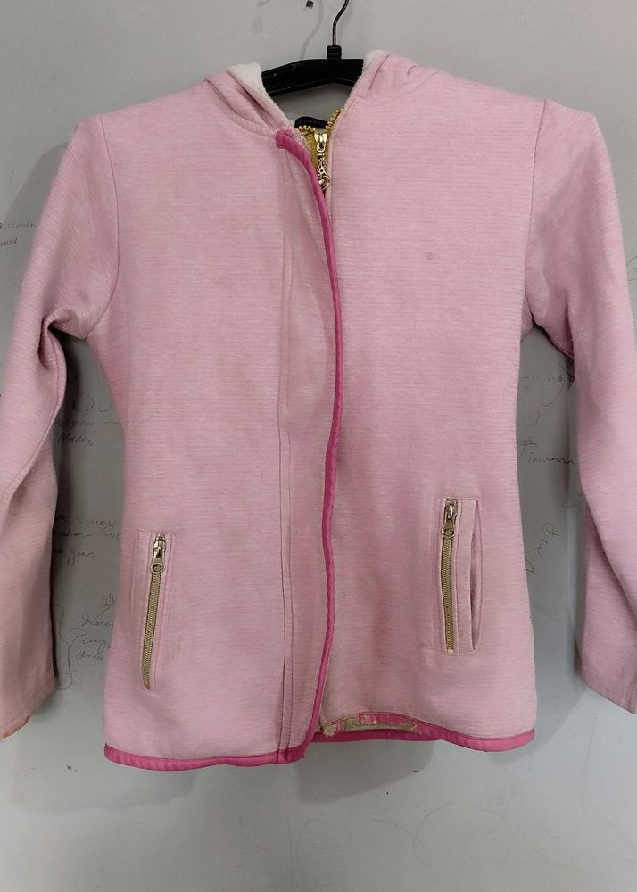 Women Light Pink Hooded Jacket With Golden Designed Chain
