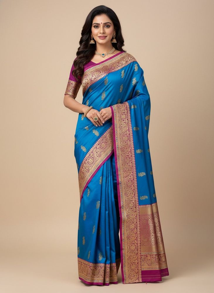 Blue Silk Saree with Peacock Design
