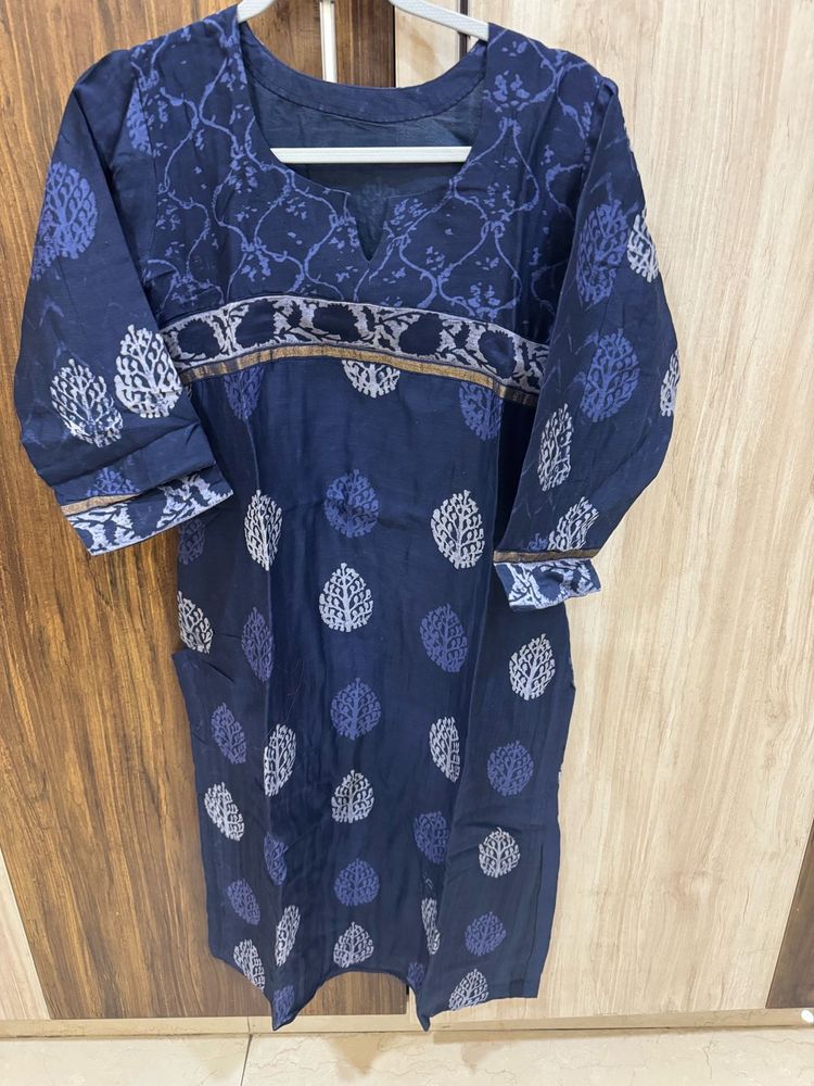 Navy Blue Printed Chanderi kurta
