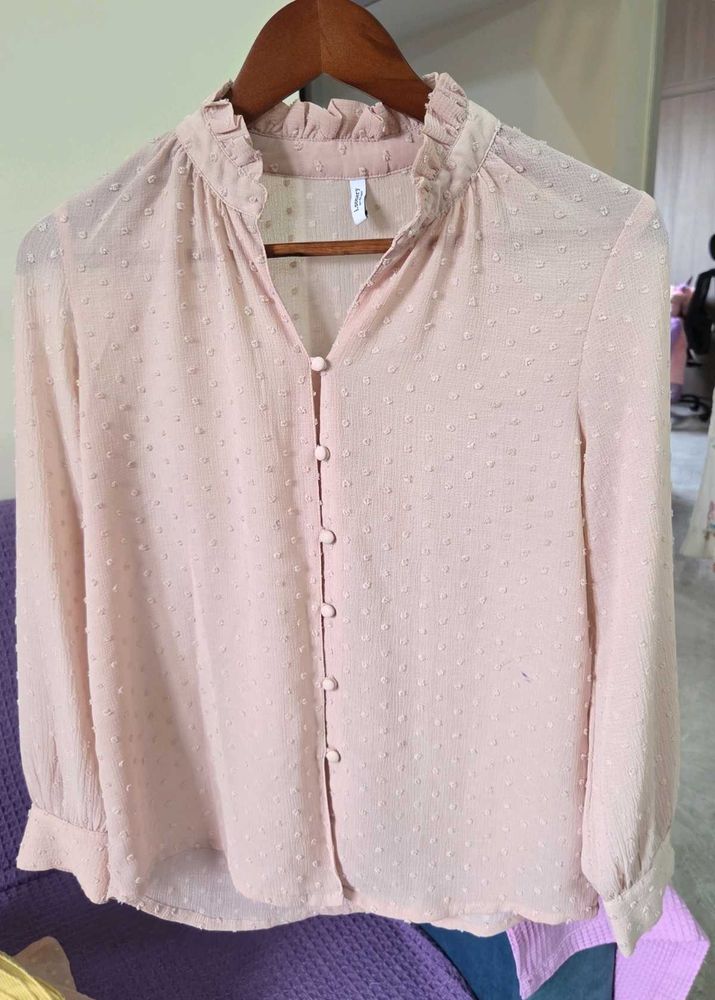 Light Pink Textured Button-Up Blouse