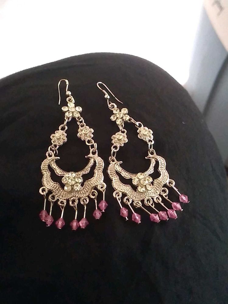 Pink Beaded Floral Drop Earrings,chand Baliya.