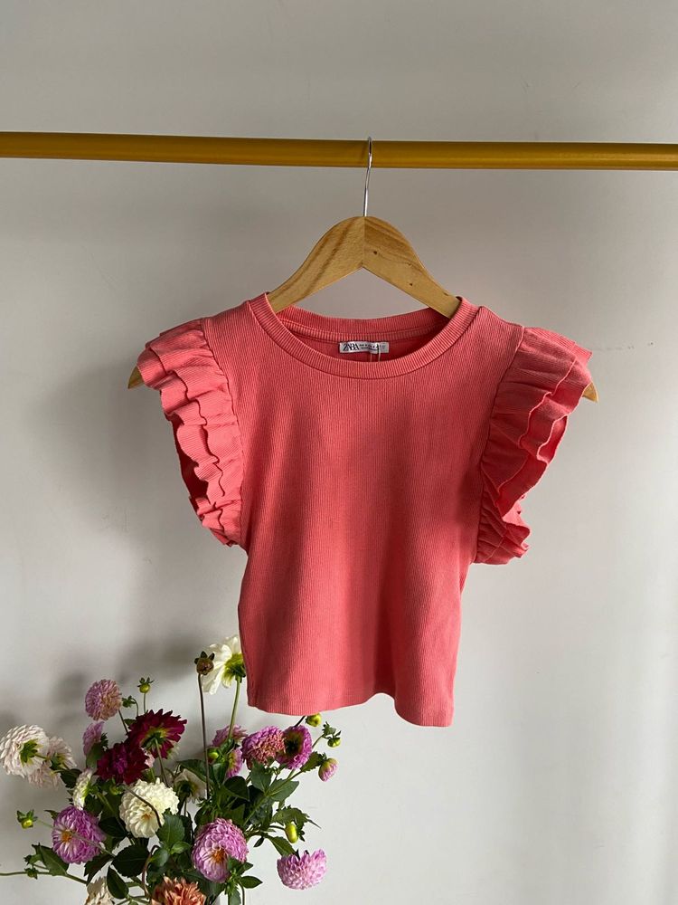 Cute Coral Ruffle Sleeve Top