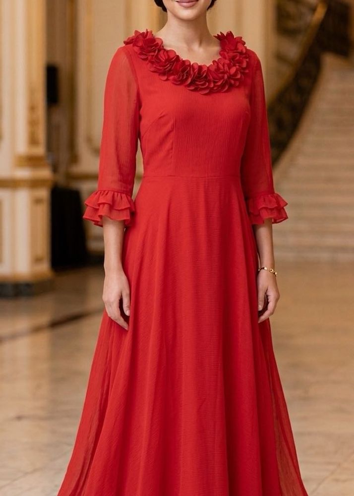 Stunning Red Floral Neckline Maxi Dress