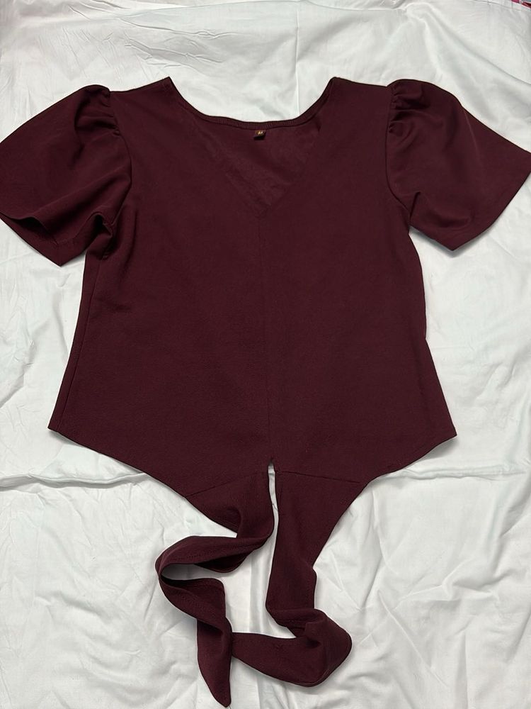 Maroon Puff Sleeve Tie-Back Top