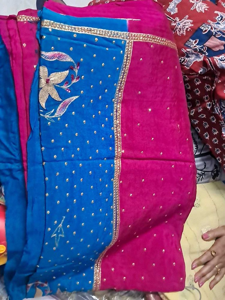 Vibrant Pink &amp; Blue Embroidered Saree