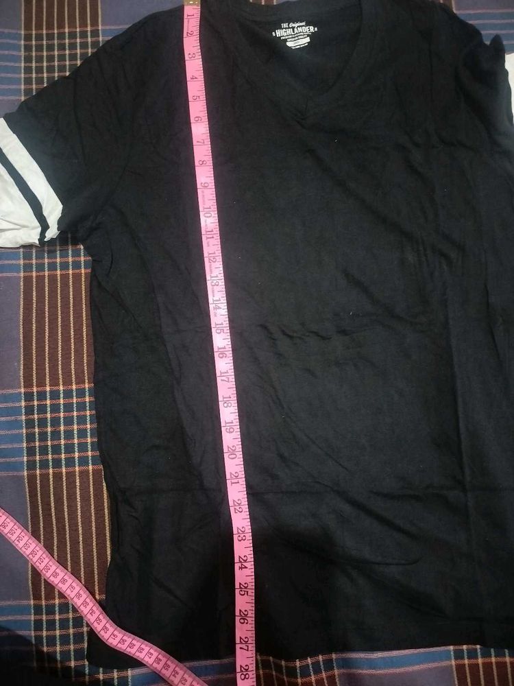 Black V-Neck T-Shirt with White Stripes