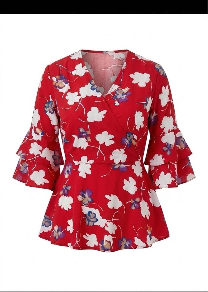 Red Floral Ruffle Sleeve Wrap Top