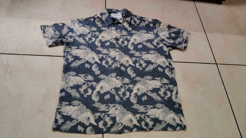 Retro Mountain Print Button-Up Shirt