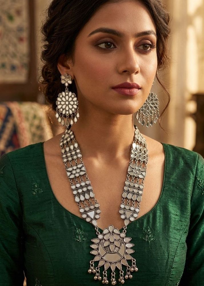 New Oxidized Silver Mirror Work Jewellery Set