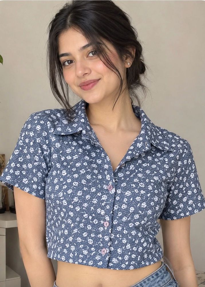 Cute Floral Print Cropped Shirt