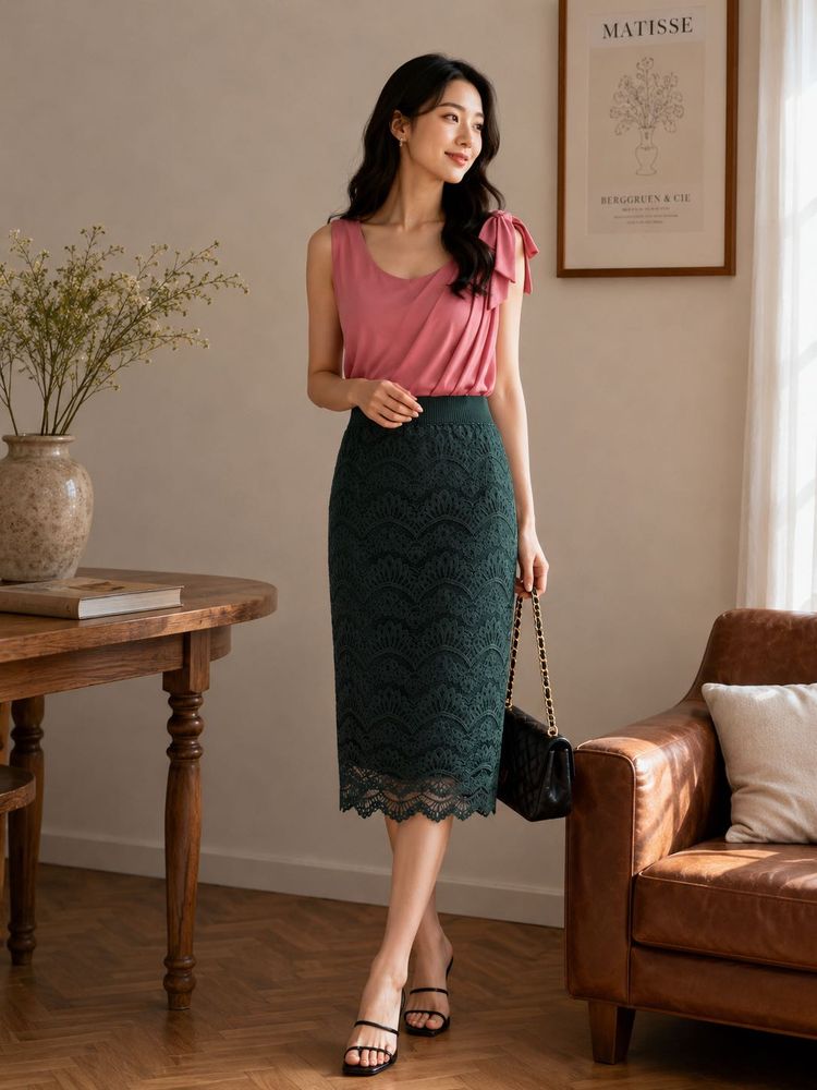 Elegant Emerald Green Lace Pencil Skirt