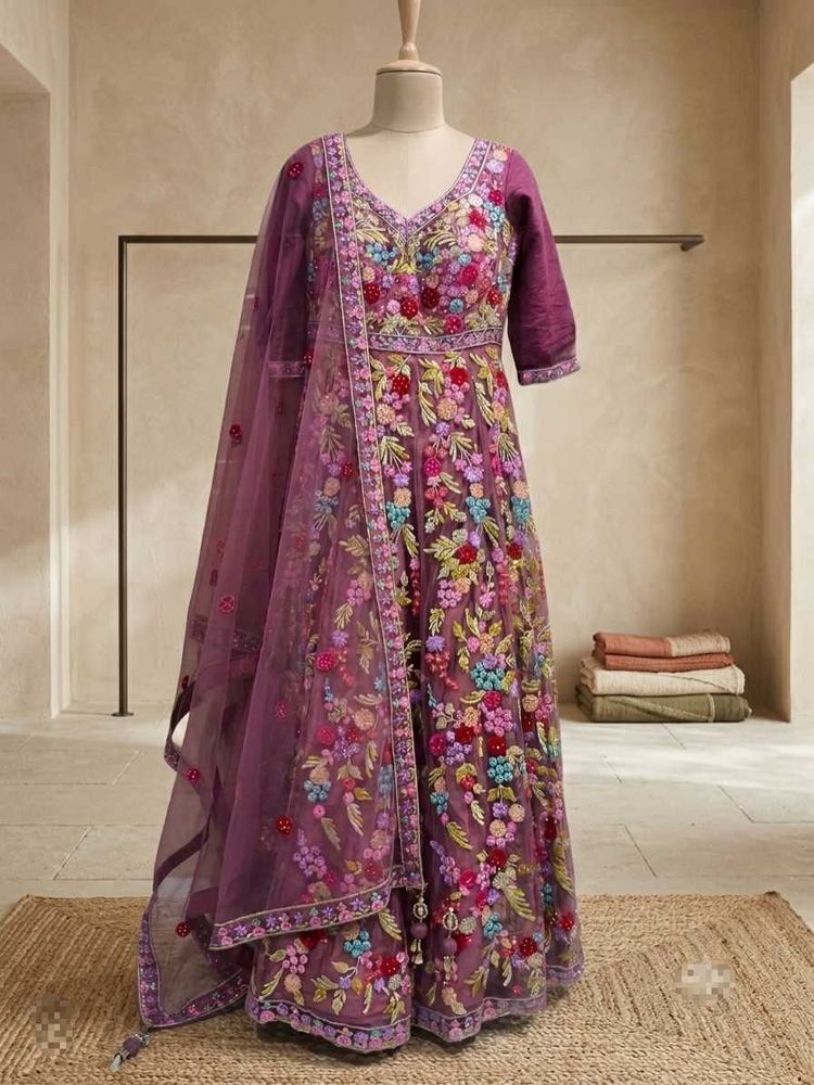Embroidered Net Gown with Dupatta