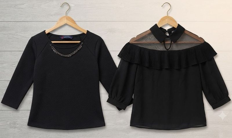 Black Chic Combo: Textured &amp; Ruffled Mesh Top