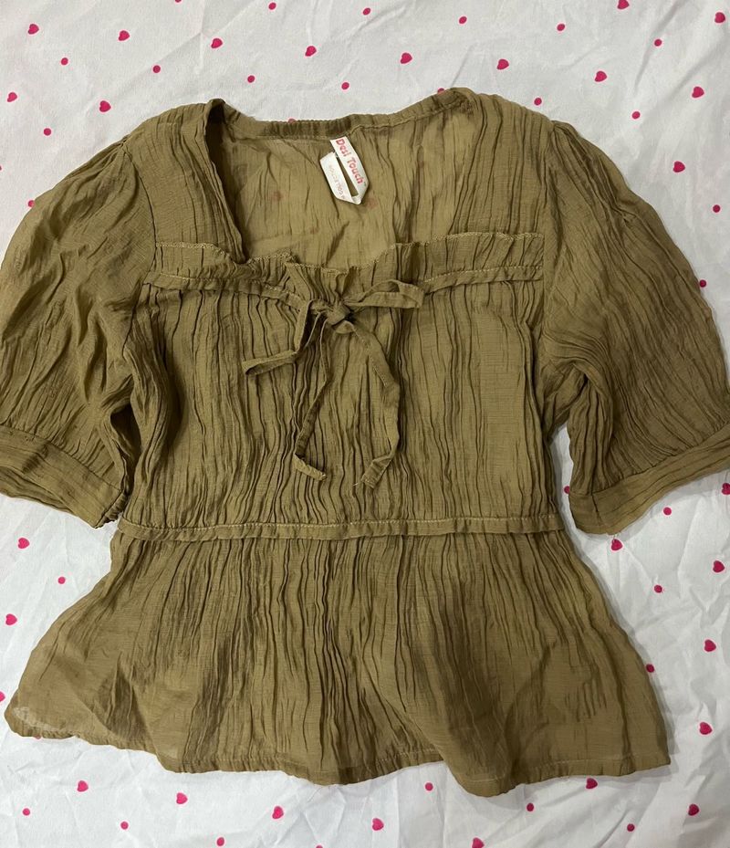 brown  Crinkled Tie-Neck Top