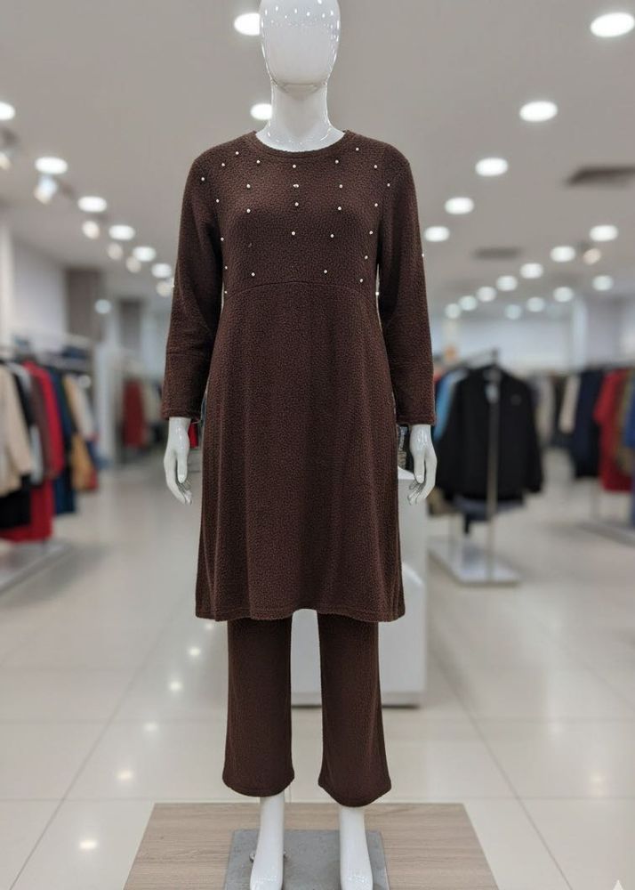 🌸Elegant Brown Kurta Pant Set with Pearl Detail