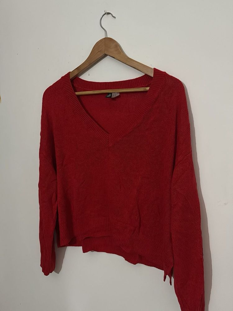 Red V-Neck Knit Sweater