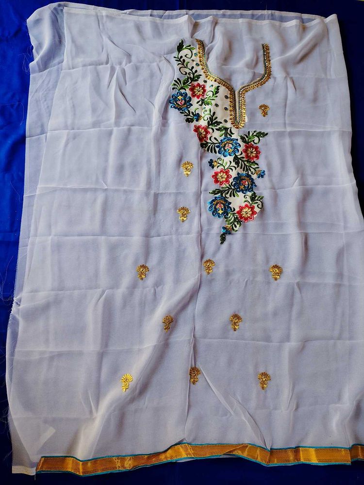 White Dress Material with Floral Embroidery