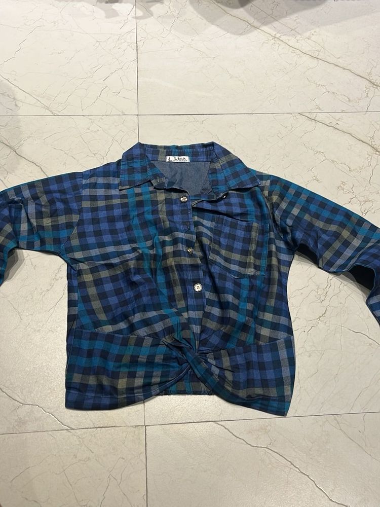 Blue Plaid Twist Front Shirt