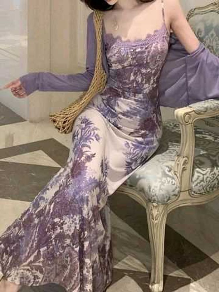 Elegant Purple Floral Print Maxi Dress