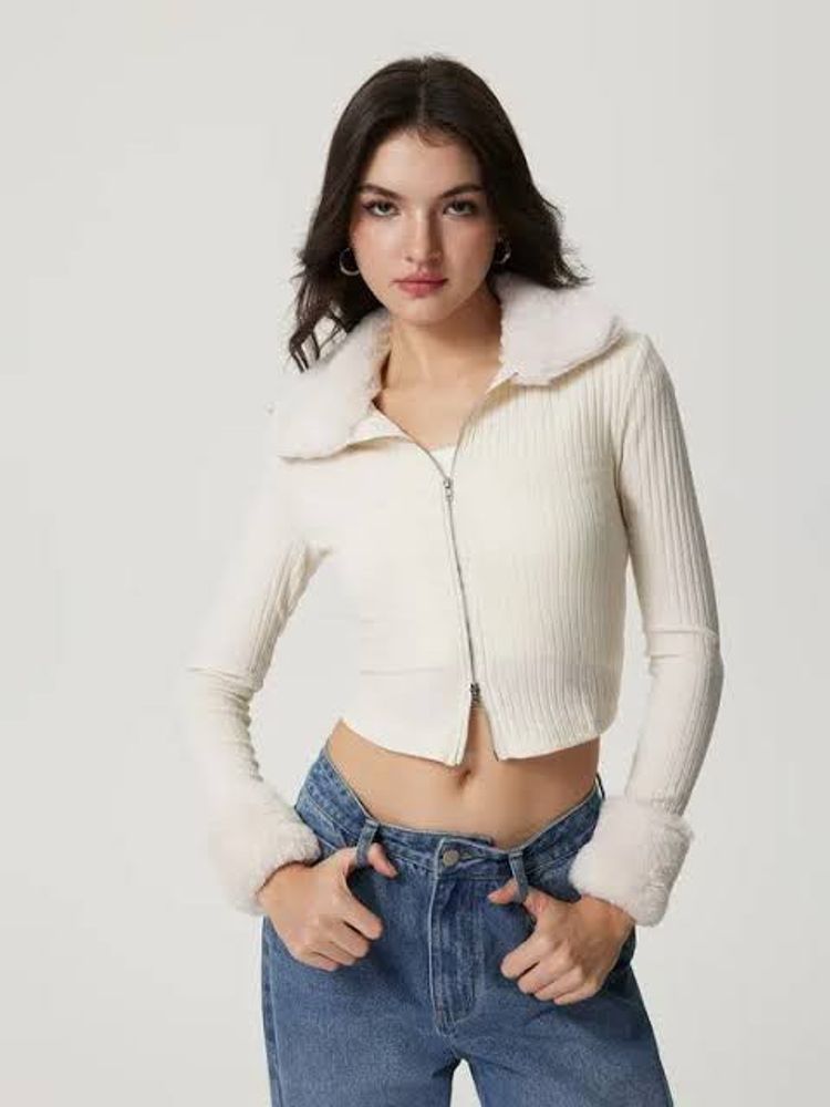 Cream Ribbed Zip-Up Top with Fur Collar