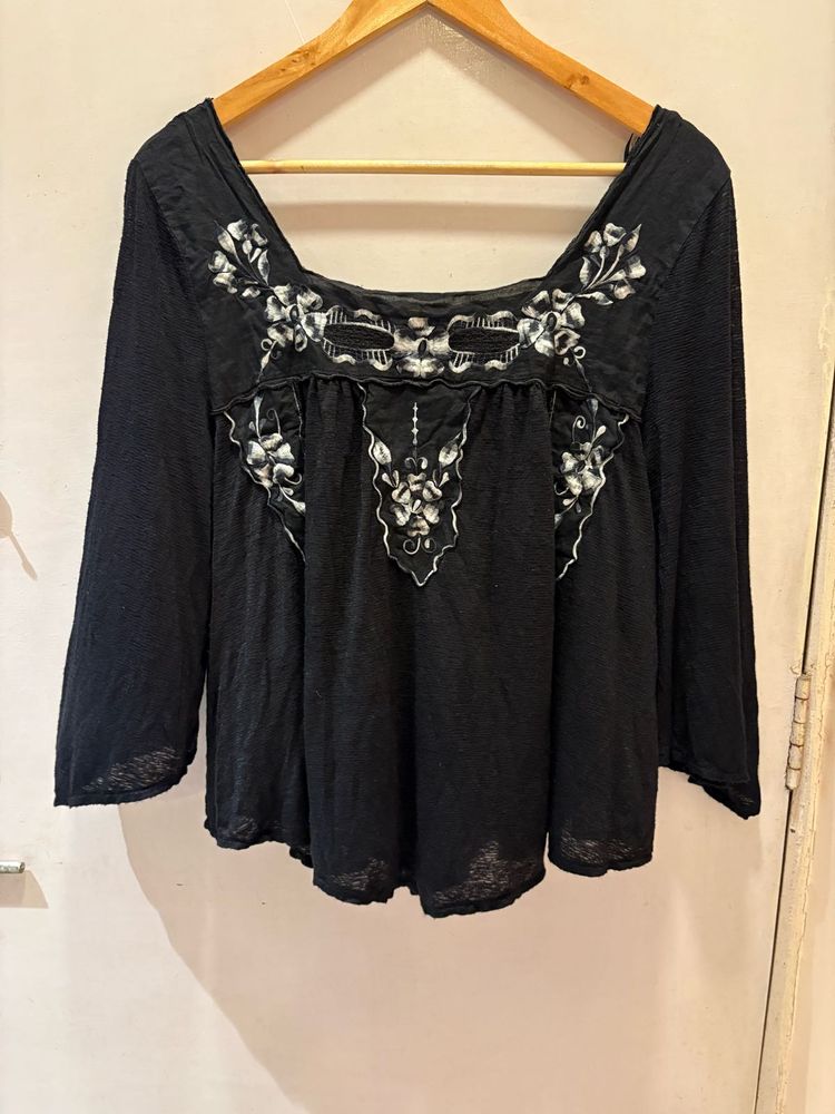 Black Embroidered Square Neck Top