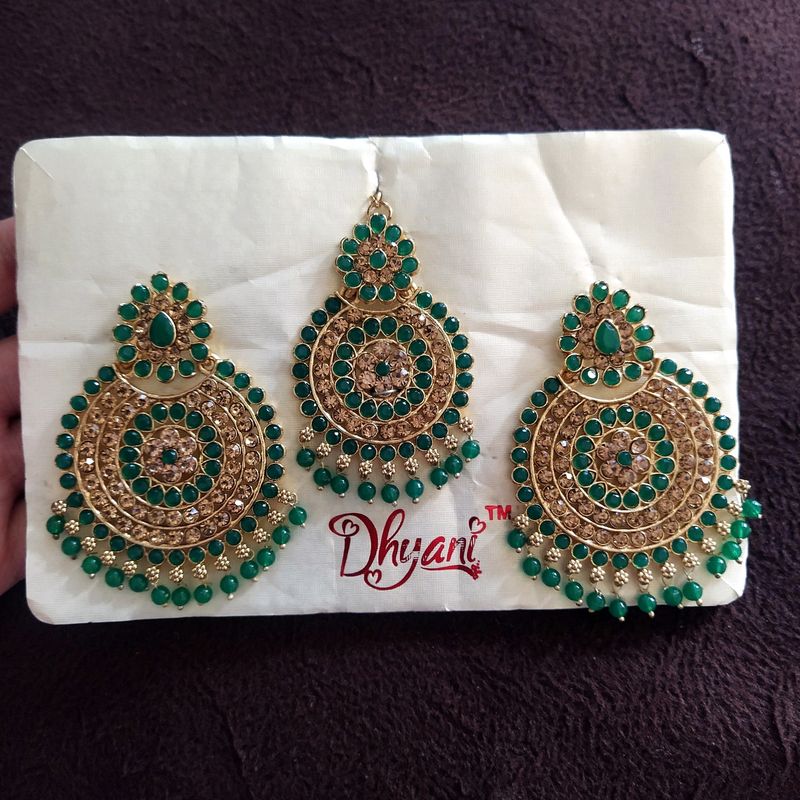 Beautiful Greenish Earings With Mangtikka