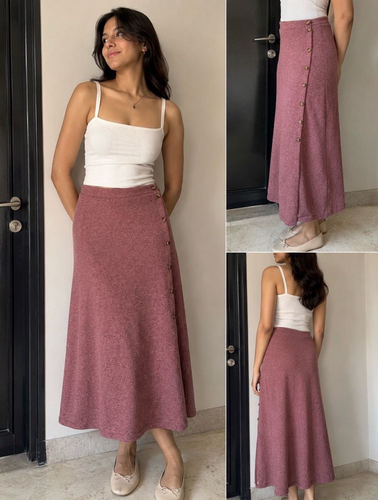 Maroon Button-Down Midi Skirt