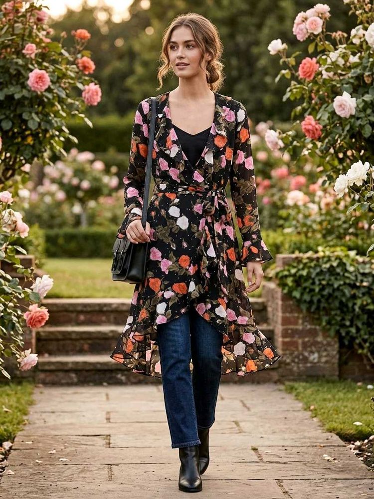 Floral Print Wrap Midi shrug