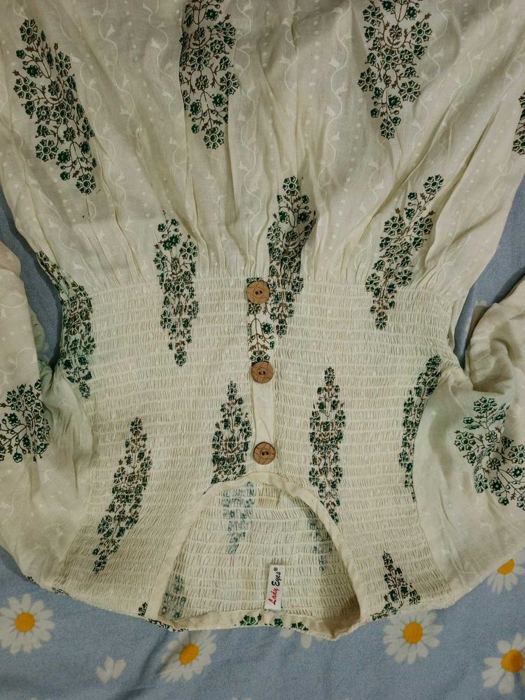 Cream Floral Smocked Kurta