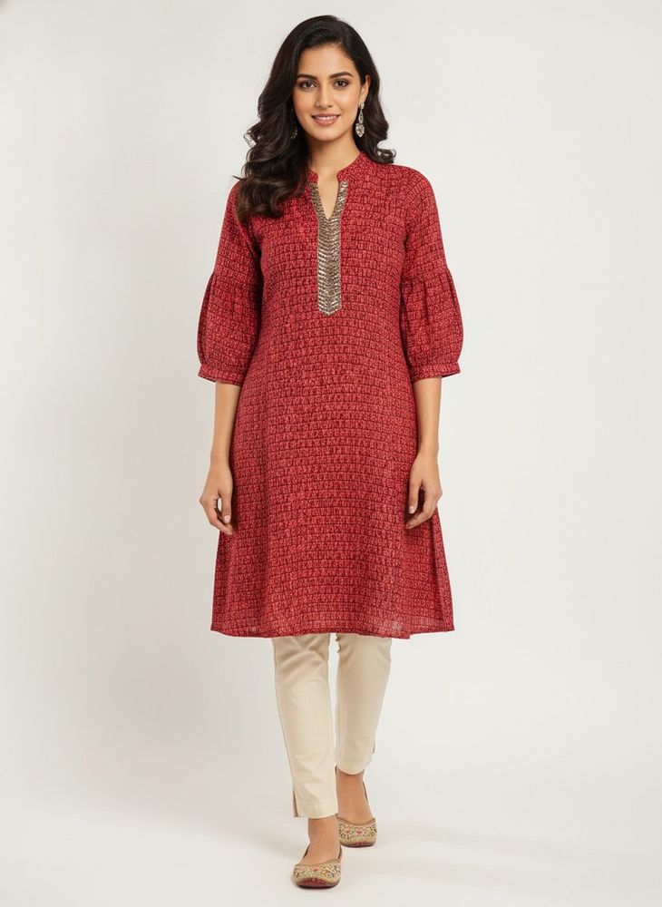 Red Short Kurta with golden sewuenve work on neck