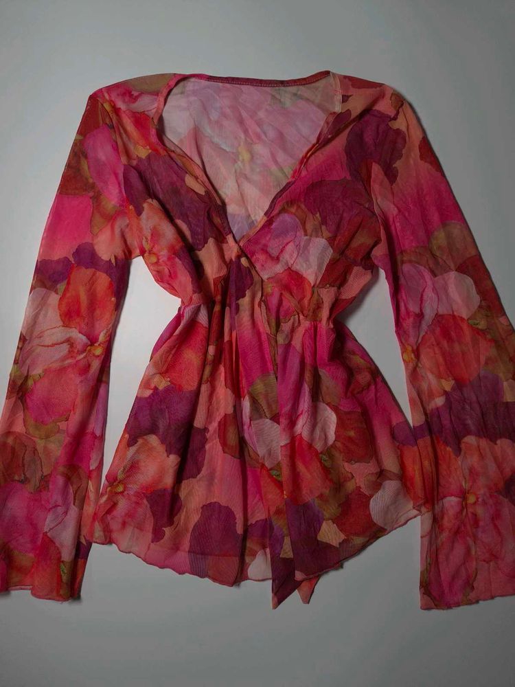 Y2K Mesh Floral Print Top