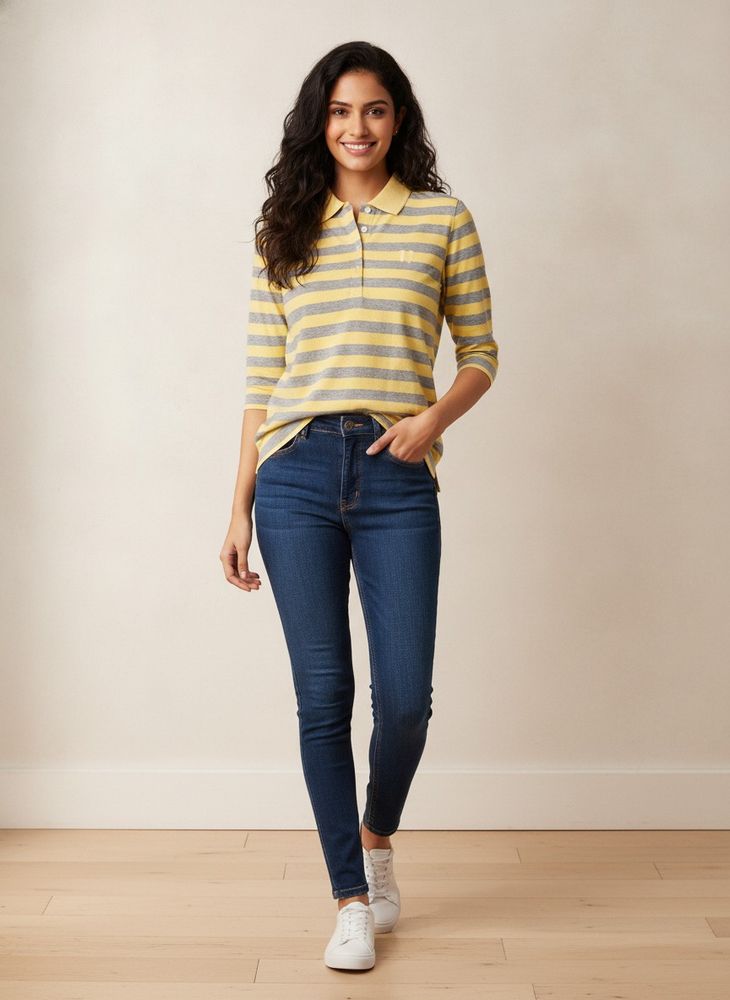 ELLE Striped quarter Sleeve Polo Shirt