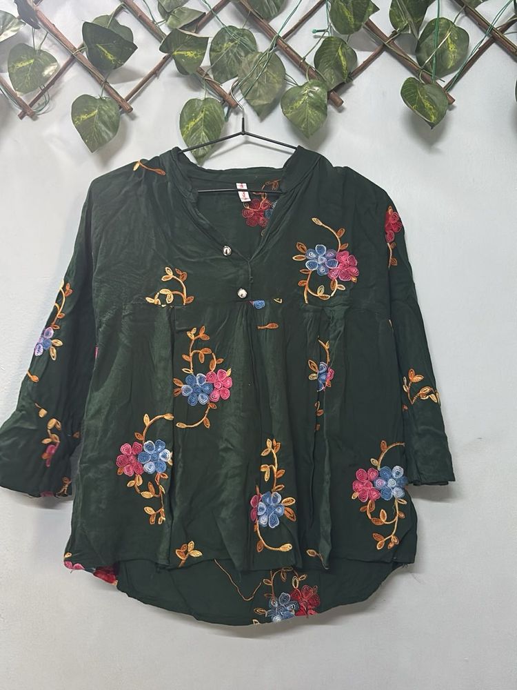 Embroidered Dark Green Peasant Blouse