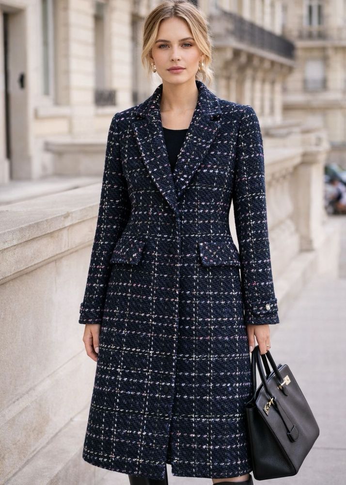 Elegant Navy Tweed Overcoat🖤🦋