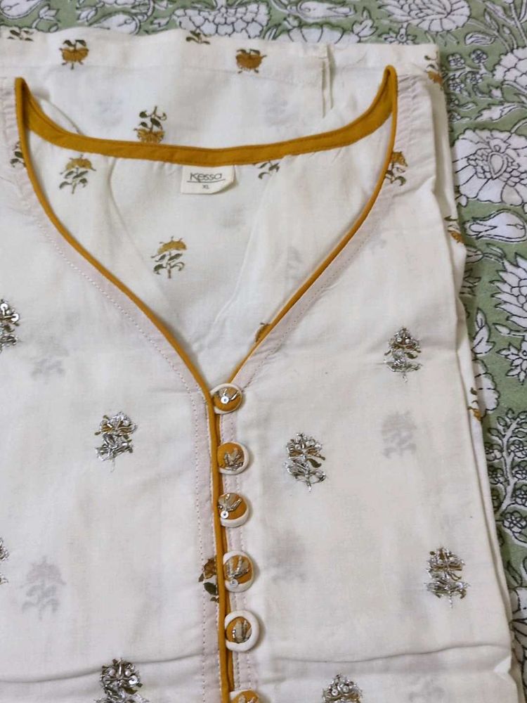 White Kurta with Mustard Yellow Accents