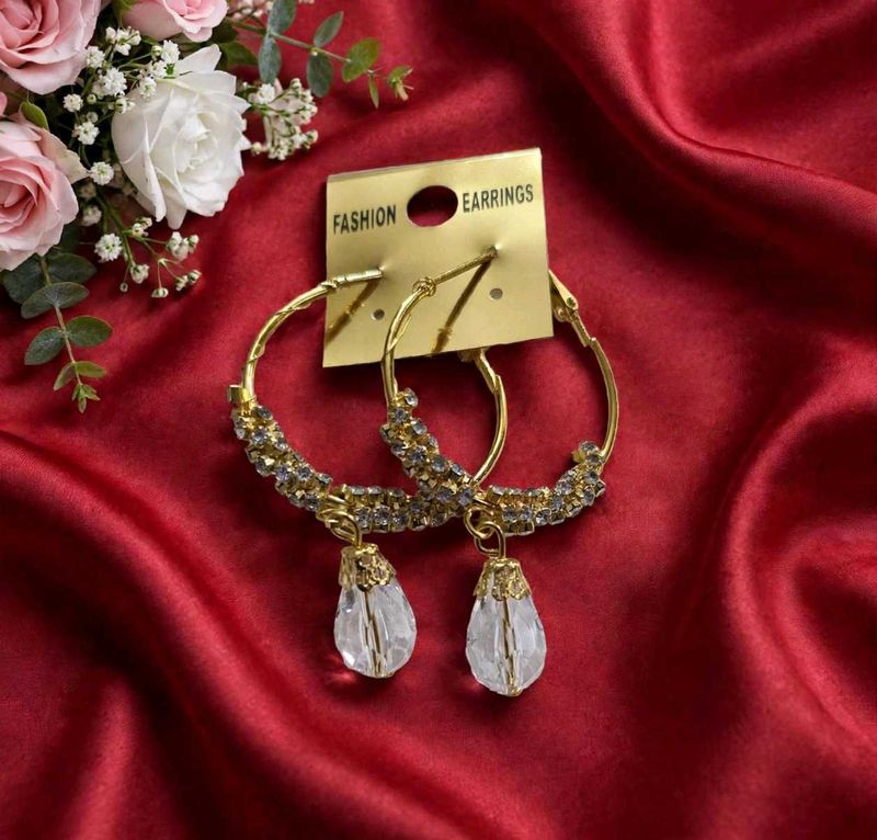 💖 Gold Crystal Drop Hoop - Designer Party Earring