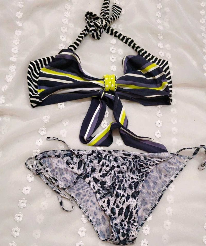 Stylish Striped &amp; Leopard Print Bikini Set