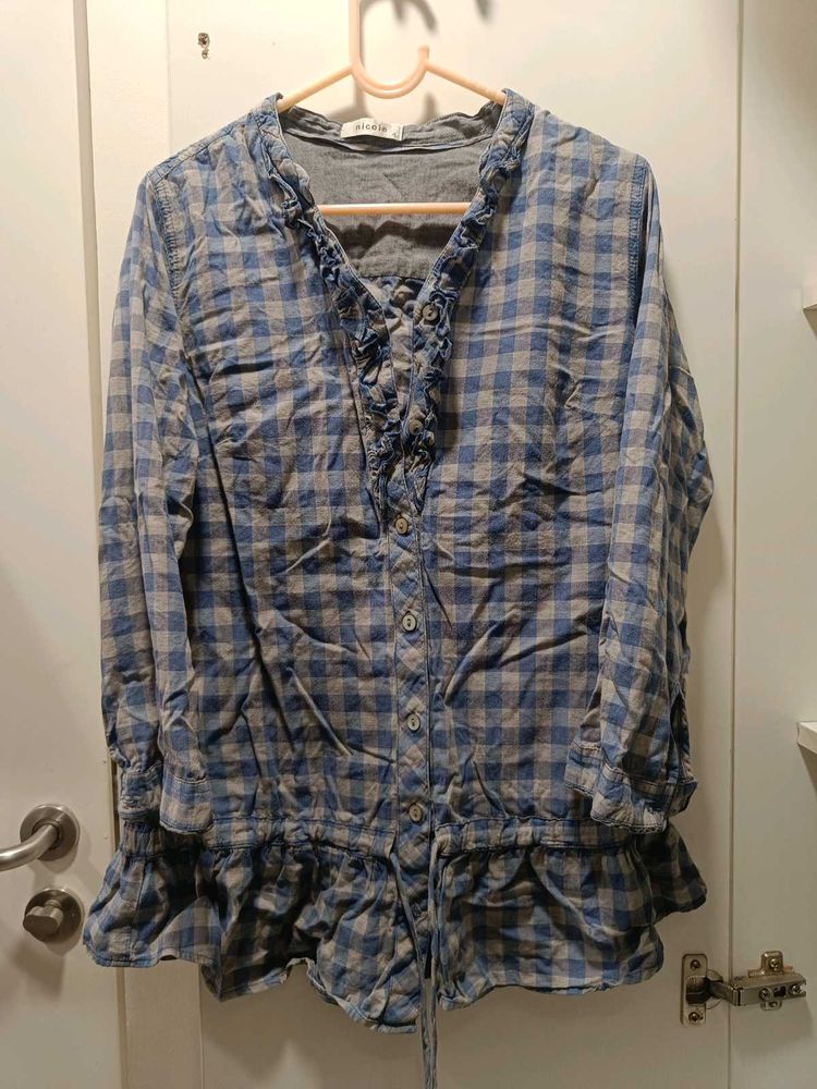 Blue Plaid Button-Down Blouse