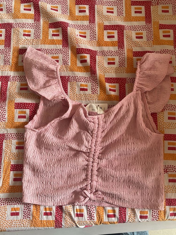 y2k Pink Ruched Crop Top with Flutter Sleeves