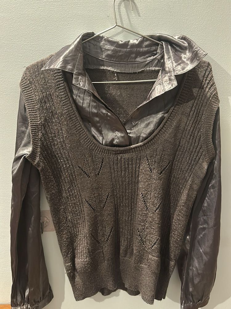 Knit Top with Satin attached formal wear sh