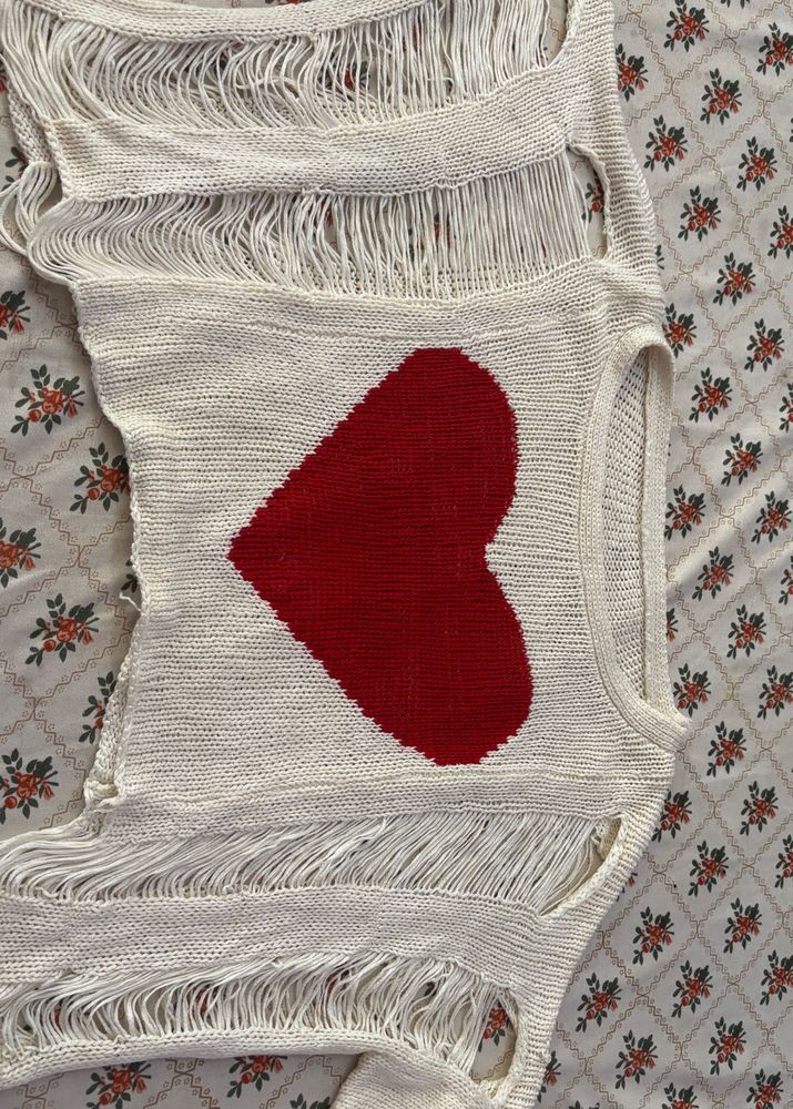 Cream Knit Top with Red Heart
