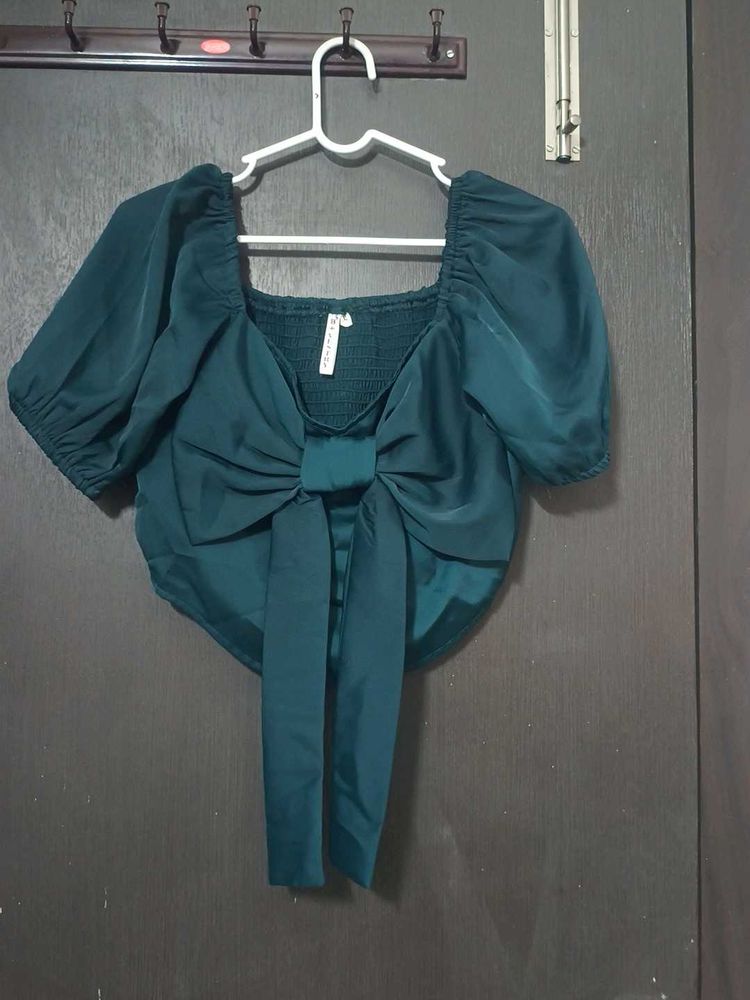 Chic Teal Puff Sleeve Bow Top