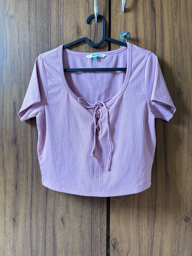 Cute Lilac Ribbed Lace-Up Crop Top