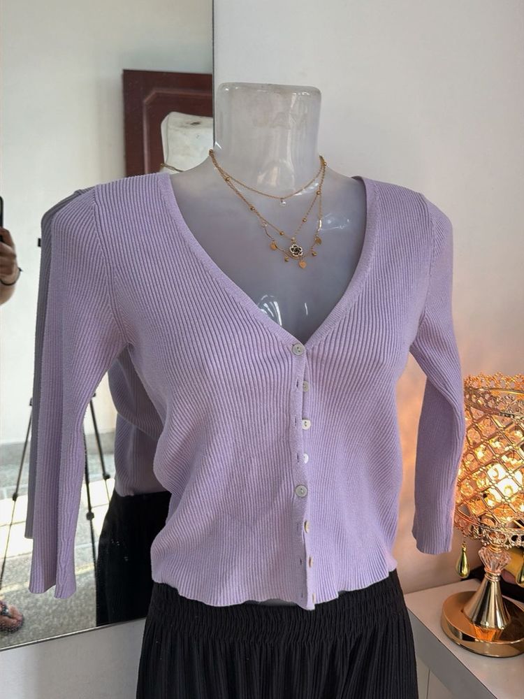 Lavender Ribbed Knit Cardigan