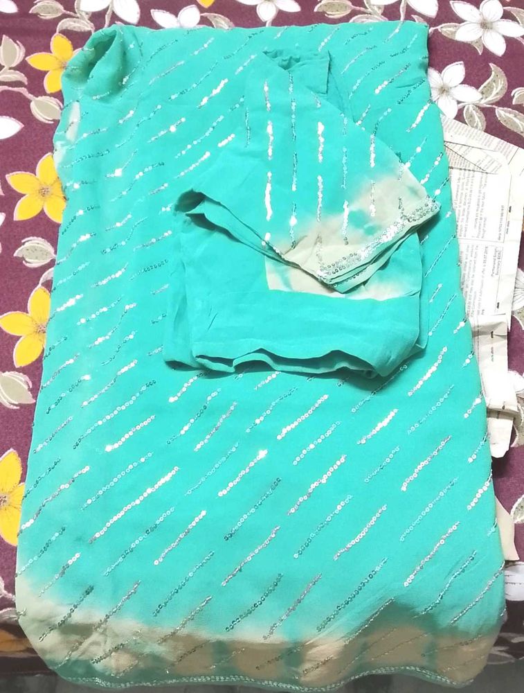 Brand New Turquoise Sequined saree &amp; blouse