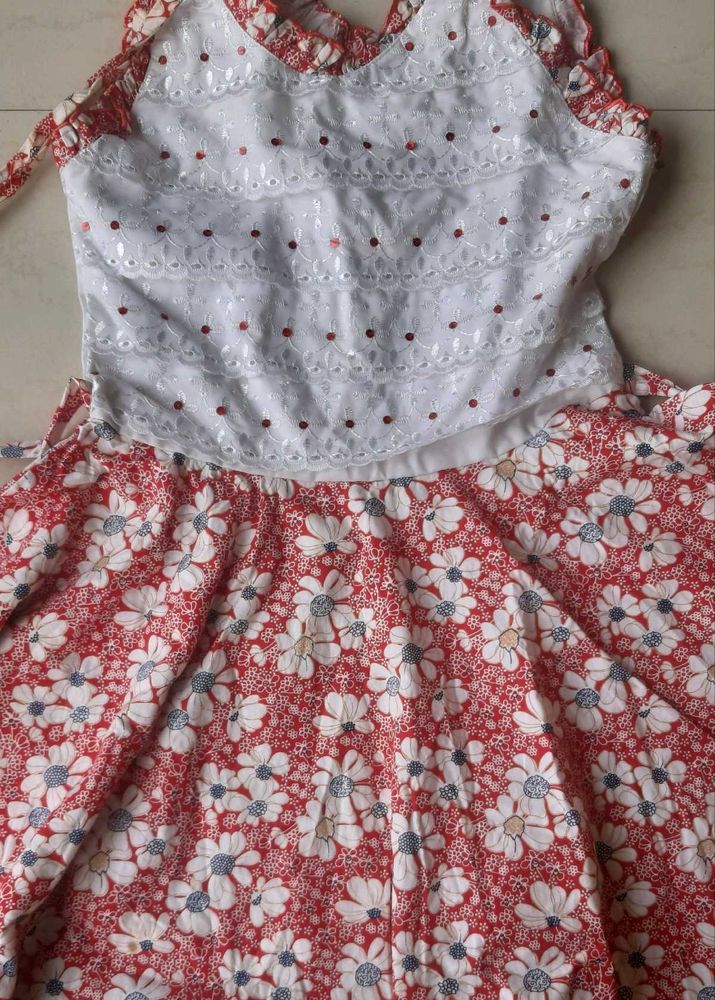 Red and white combination frock for girls