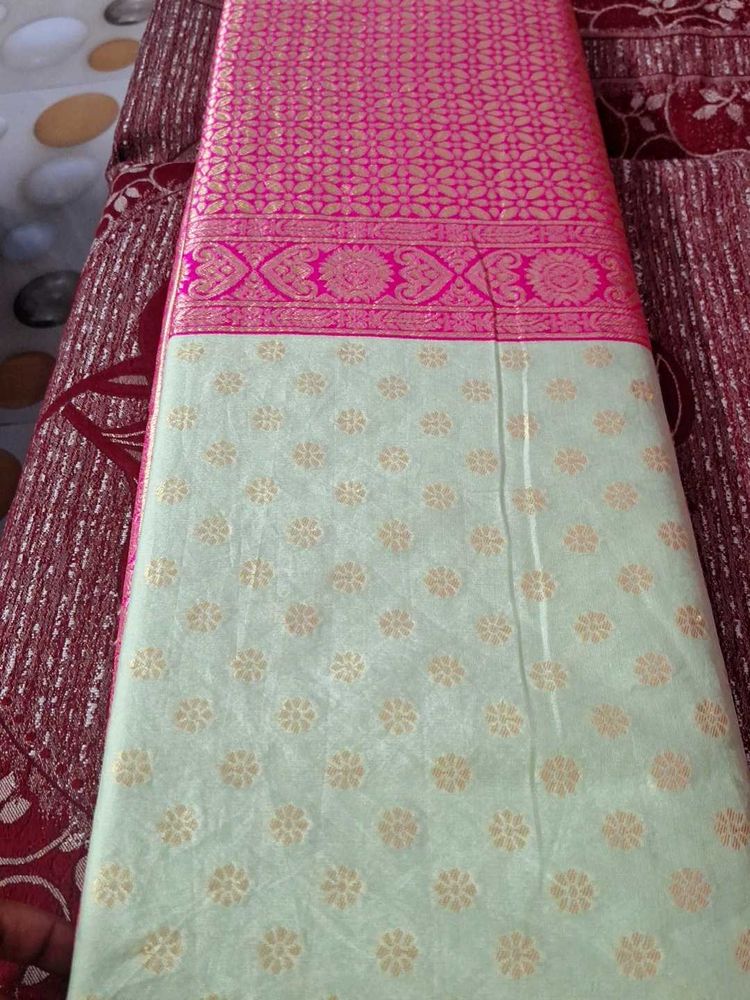 Elegant Banarsi Silk Saree with Pink Border